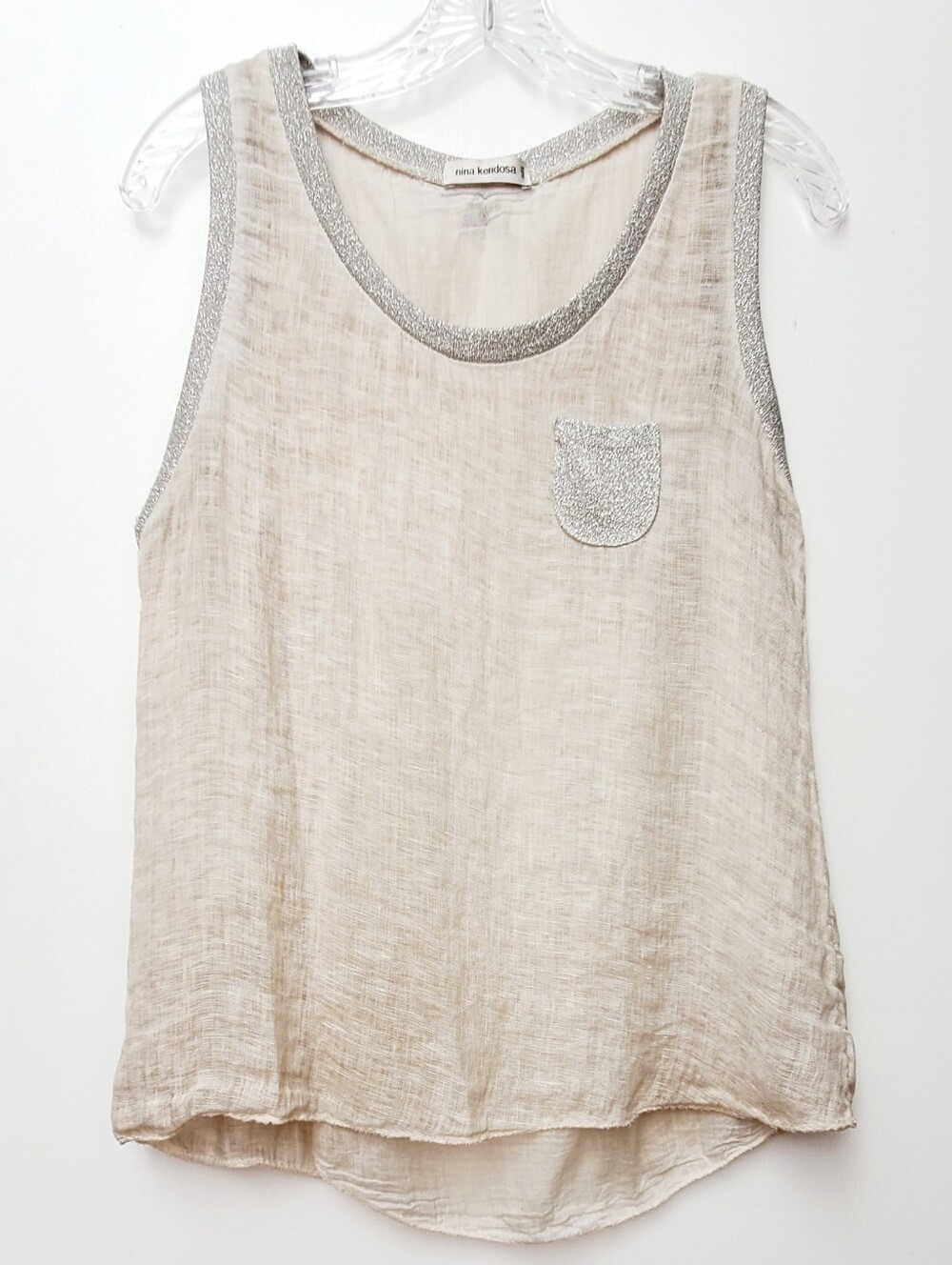 Nina Kendosa Paris Beige Gauze Linen Tank Top With Silver Metallic Accent S-M